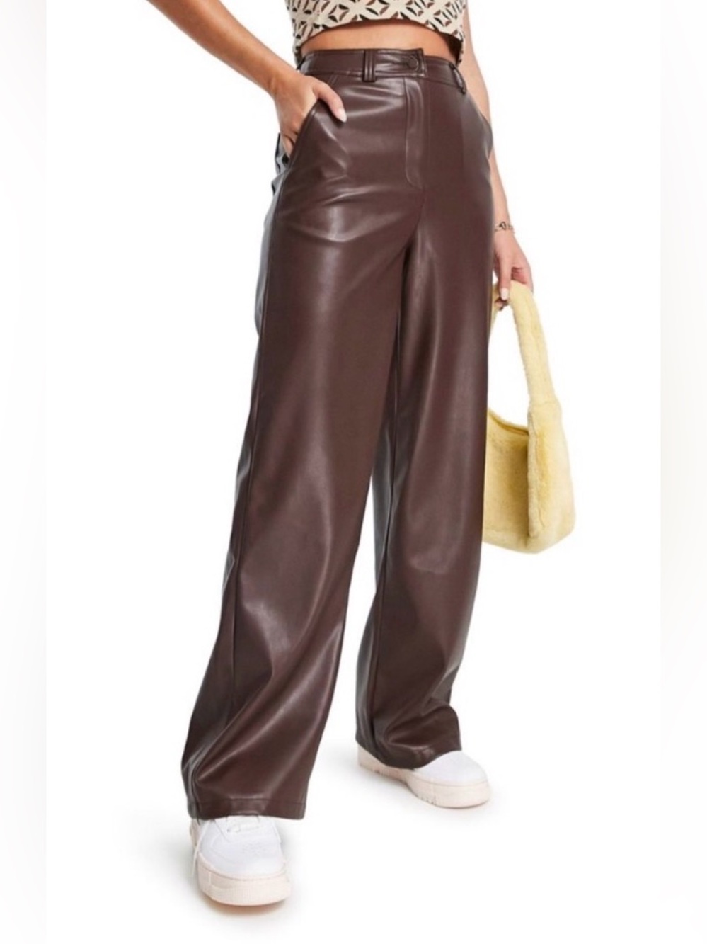 Top Shop Brown Faux Leather Wide-Leg Pants - Women